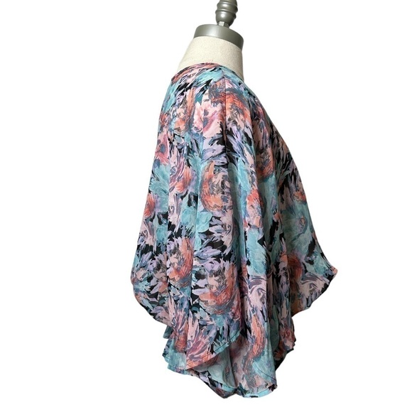 Allen B Floral Sheer Flutter Short Sleeve Elastic Smocked Blouse Size Large - Picture 7 of 16